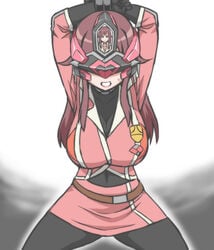 belt cleavage female fully_clothed large_breasts latex latex_bodysuit mid-transformation miniskirt navel otoo_(izanagi) restraints tied_hands to-gnaniwa transformation visor