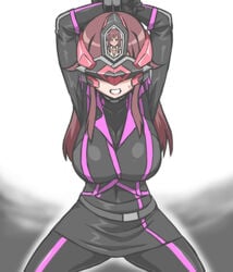 belt cleavage female fully_clothed futanari_transformation large_breasts latex latex_bodysuit latex_clothing mid-transformation miniskirt navel otoo_(izanagi) restraints tied_hands to-gnaniwa transformation visor