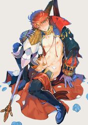 1boy armor blue_eyes boots byebyefrog cloak cock_ring cum cum_on_body eliwood_(fire_emblem) erection fire_emblem fire_emblem:_the_blazing_blade highres lance looking_at_viewer male_focus navel nintendo nipples penis polearm red_hair revealing_clothes sex_toy solo testicles thigh_boots thighhighs weapon