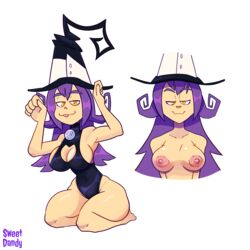 1girls blair_(soul_eater) breasts breasts_out cleavage cleavage_cutout female hat light-skinned_female light_skin looking_at_viewer monamania nipples orange_eyes purple_hair sideboob soul_eater sweetdandy thick_thighs thighs tongue_out topless witch_hat