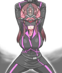 :>= belt blowjob_face body_modification cleavage fellatian female fully_clothed large_breasts latex latex_bodysuit latex_clothing lip_expansion mid-transformation miniskirt navel otoo_(izanagi) restraints thick_lips tied_hands to-gnaniwa transformation visor