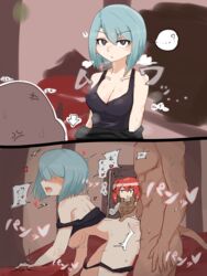 1boy 2girls 2koma ? bedroom bent_over beruka_(fire_emblem) beruka_adon black_eyes black_panties blue_hair breasts breasts_out caught cleavage clothes_lift drooling female fire_emblem fire_emblem_fates human instant_loss_2koma looking_at_viewer male medium_breasts multiple_girls nintendo nipples nude nude_female on_bed open_mouth panties panties_down saliva saliva_trail selena_(fire_emblem_fates) severa_(fire_emblem) sex sheet_grab short_hair sound_effects sweat walk-in