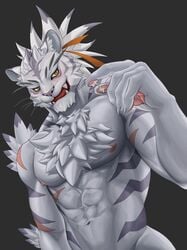 1boy abs animal_ears bara blush chest_hair colored_sclera completely_nude cum cum_string dido_(dido_200207) fangs fluffy furry furry_male grey_fur highres large_pectorals looking_at_viewer male_focus muscular muscular_male nimbus_(world_flipper) nipples nude out-of-frame_censoring pectorals scar_on_stomach smile snout solo stomach suggestive_fluid tiger_boy tiger_ears two-tone_fur white_fur world_flipper yellow_sclera