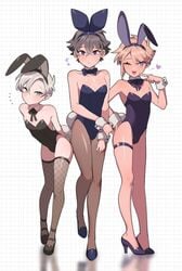 3boys 80085 bangs bare_shoulders black_leotard blonde_hair blue_eyes blue_leotard blushing bow_tie bowtie brown_hair bunny_ears bunny_tail bunnysuit collarbone crossdressing crossed_bangs detached_collar ear_piercing fake_animal_ears femboy fishnet_legwear fishnet_pantyhose fishnet_stockings fishnets girly hair_between_eyes hairband hand_on_hip heart high_heels leaning_forward legs legwear leotard light-skinned_male light_skin male male_focus male_only ming_(5unri5e666) multiple_boys nervous nervous_sweat one_eye_closed otokonoko pale_skin playboy_bunny purple_eyes rabbit_ears rabbit_tail ribbons short_hair skin_fang skinny stockings tanline tanlines thigh_strap trap winking_at_viewer worried wrist_cuffs