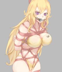 angry arms_tied arms_tied_behind_back ball_gag bikini bikini_bottom bikini_top bleeding_from_mouth blonde_hair blood bondage callujy furious grey_background nipples_visible_through_clothing restrained rope rope_between_breasts rope_bondage rwby shibari_over_clothes tearing_up tears yang_xiao_long