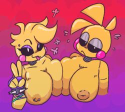 2girls animatronic animatronics big_breasts five_nights_at_freddy's five_nights_at_freddy's_2 inverted_nipples multiple_girls nipples pressing_breasts_together qoolguyart toy_chica_(eroticphobia) toy_chica_(fnaf)