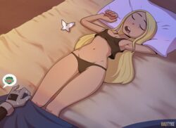 1girls bad_tyke_(artist) badtyke beast_boy bed black_underwear blonde_hair cartoon_network dc female garfield_logan nervous offscreen_character pervert saliva_drip sleeping tara_markov teen_titans terra_(dc) underwear voyeurism wink