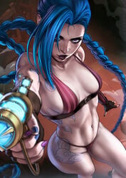 1girls abs action_pose arcane arcane_jinx bare_arms bare_shoulders bare_skin bare_thighs bikini bikini_bottom bikini_top blue_hair braided_twintails breasts casual child_bearing_hips cleavage clothed clothing dandon_fuga female female_focus female_only firearm fit fit_female footwear gun handgun handwear hips holding_gun holding_pistol holding_weapon human jinx_(league_of_legends) league_of_legends long_hair looking_at_viewer navel pale_skin pink_eyes pistol pointing_gun small_breasts solo solo_female solo_focus swimwear tattoo_on_arm tattoo_on_thigh tattoos thick_hips thick_thighs thighs thin_female tied_hair toned toned_female twintails very_long_hair very_long_twintails weapon wide_hips