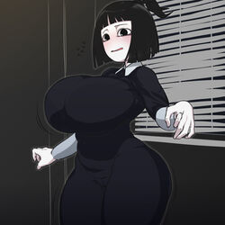 1girls big_breasts black_hair breasts_bigger_than_head creepy_susie embarrassed female female_only goth hourglass_figure huge_breasts kaxiota looking_at_viewer short_hair tagme the_oblongs thick_thighs tight_fit voluptuous white_body white_skin