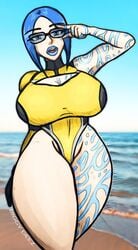 1girls adjusting_eyewear adjusting_glasses adjusting_sunglasses beach biggy_deez blue_eyes blue_hair borderlands borderlands_2 breasts deezysempai female female_focus female_only glasses huge_breasts large_breasts light-skinned_female light_skin looking_at_viewer maya_(borderlands) pale-skinned_female pale_skin short_hair simple_background solo solo_female solo_focus sunglasses tattoo tattoos thick_thighs tight_clothing tinted_eyewear wide_hips