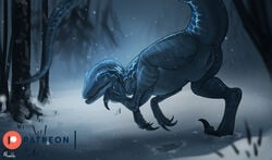 2021 anus ass blue_(jurassic_world) claws dinosaur dromaeosaurid female feral forest genitals hi_res jurassic_park jurassic_world moonski nude outside pinup plant pose pussy raised_tail reptile scalie scratching_head snow solo standing theropod tree universal_studios velociraptor