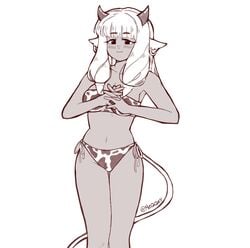 1girls absurdres animal_ears animal_print ash_(fire_emblem) bandeau bikini black_horns blush cow_bikini cow_ears cow_girl cow_print dark-skinned_female dark_skin ear_piercing female female_only fire_emblem fire_emblem_heroes greyscale highres horns meqqey monochrome nintendo piercing side-tie_bikini simple_background swimsuit tail twitter_username white_background white_hair