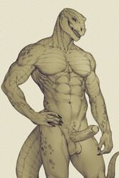 2021 abs balls dinosaur erection foreskin genitals grin hi_res male mikaemikae monochrome muscular navel nude pecs penis pinup pose reptile scales scalie smile solo standing