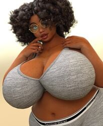 1girls 3d breasts cleavage curly_hair dark-skinned_female dark_skin evolluisionist female female_only glasses huge_breasts hyper_bimbo plump solo thick_lips underwear