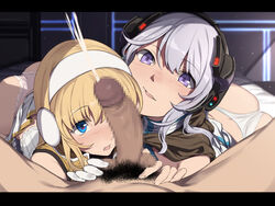 1boy 2girls ass bangs blonde_hair blue_eyes blush censored clothes_lift clothing commentary_request cum earmuffs ejaculation erection evelysse_(star_ocean) eyebrows_visible_through_hair gloves hairband headphones highres long_hair looking_at_penis looking_at_viewer male_pubic_hair mosaic_censoring multiple_girls nagioka nagioka_(sblack) on_bed open_mouth panties penis pink_panties pleated_skirt pov pubic_hair purple_eyes reward_available sblack silver_hair skirt skirt_lift star_ocean star_ocean_anamnesis thong threesome underwear white_gloves white_hairband white_panties white_skirt