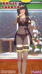 1girls 3d alternate_costume ass_visible_through_thighs bangs bare_thighs black_eyes black_hair black_panties blush breasts censored christmas christmas_outfit clenched_teeth covered_navel embarrassed female_only female_pubic_hair femsub fire_emblem fire_emblem_awakening humiliation large_breasts lingerie long_hair looking_away navel nightgown nintendo nipples panties pubic_hair pussy see-through solo tharja_(fire_emblem) thighhighs thighs yumi_(artist)