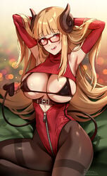 1girls 2021 arm_warmers armpits arms_above_head arms_up artist_signature belt bikini_top black_bikini_top blonde_hair blurry_background blush breasts female female_only foxy_rain_(foxyreine) foxyrain_(foxyreine) foxyreine glasses highleg_leotard hips horns huge_breasts indie_virtual_youtuber leotard long_hair long_tail looking_at_viewer megane naughty_face original original_character red_eyes sheer_legwear slim_waist succubus suggestive_look sweater tail tane_tenshi thick_thighs thighs tights tongue tongue_out virtual_youtuber wide_hips