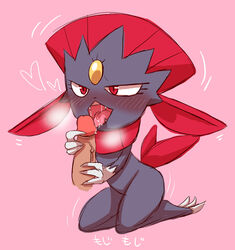 1boy 1other ambiguous_gender anthro blush bodily_fluids claws duo faceless_male genitals hi_res japanese_text kneeling kneeling_oral_position licking negoya nintendo open_mouth oral penile penis penis_lick pokémon_(species) pokemon saliva sex simple_background text tongue tongue_out video_games weavile