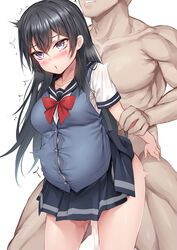 1boy 1girls ambiguous_penetration arm_grab black_hair blush clothed_female_nude_male cum_inside faceless_male female female_focus from_behind long_hair muscular_male naitou_kirara nude_male original pleated_skirt pregnant pregnant_sex purple_eyes school_uniform schoolgirl serafuku skirt_up standing straight straining_buttons