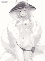 big_breasts big_hat breasts fluffy_tail fox_ears fox_tail gloves nijisanji nijisanji_en nina_kosaka panties_down pussy red_eyes sunsetskyline topless uncensored virtual_youtuber