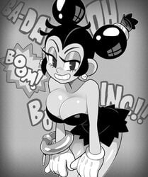 1girls 2d bean_smile big_breasts big_hands black_and_white black_hair bomb bomb_girl breasts clothing curvy datskelebutt double_bun dress female gloves hands_on_thighs monochrome oc pac-man_eyes retro_artstyle retro_artstyle_(western) rubber_hose rubberhose skull_earrings smile solo tagme thick_thighs twin_buns