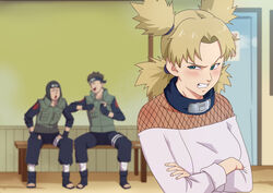 1girls 2021 2boys age_difference angry annoyed before_sex being_watched bench blonde_hair brown_hair clenched_teeth collar crossed_arms female female_focus fingerless_gloves fishnets forehead_protector kimono konohagakure laughing light-skinned_female light_skin long_hair mocking multiple_boys naruto naruto_(classic) naruto_(series) neckwear older_male pants petite pierrot_(company) quad_tails shiny shiny_hair shiny_skin shirt short_hair shounen_jump skindentation sunagakure_symbol teal_eyes temari tied_hair vest vyzov_tv young younger_female