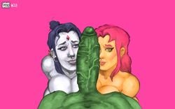 1boy 1girls beast_boy big_breasts big_penis blowjob busty dc dc_comics gnashershells green_penis green_skin huge_cock hung rachel_roth raven_(dc) starfire straight teen_titans