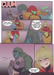 1boy 1girls armor armored_samus blonde_hair blue_eyes blush comic crossover doom doom_slayer_(doom) double-barreled_shotgun english_text female firearm flirting haikon_knight helmet helmet_with_visor human imminent_sex lip_licking male metroid microsoft nintendo pale_skin power_armor power_suit samus_aran shotgun super_shotgun varia_suit varia_suit_helmet weapon