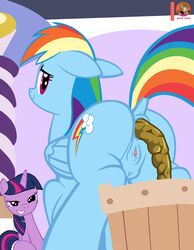 absurd_res anatomically_correct anatomically_correct_genitalia anus duo equid equine feces female female/female feral friendship_is_magic genitals hi_res horse looking_back mammal moon_pearl my_little_pony pony pussy rainbow_dash_(mlp) raised_tail scat scat succubi_samus twilight_sparkle_(mlp)