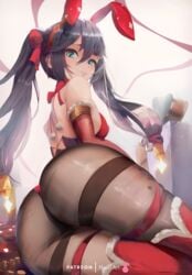 1girls absurdres animal_ears aqua_eyes ass bare_shoulders black_hair black_legwear blush bow breasts christmas elbow_gloves from_behind genshin_impact gloves hair_bow hair_ornament hi_res highres huge_ass leotard long_hair looking_at_viewer looking_back medium_breasts miraihikari mona_(genshin_impact) pantyhose playboy_bunny pom_pom_(clothes) rabbit_ears rabbit_tail shiny shiny_clothes shiny_hair shiny_skin sideboob sitting smile solo tail thighhighs twintails very_long_hair white_background yokozuwari