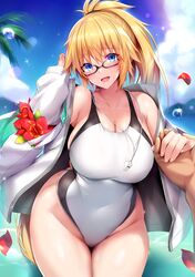 1boy 1girls absurd_res bag bangs bare_shoulders black-framed_glasses blonde_hair blue_eyes blue_gk blue_jacket blurry blurry_background blush breasts cleavage covered_navel day fate/grand_order fate_(series) glasses groin hair_between_eyes hairband hand_up hi_res highleg highleg_swimsuit holding_hands hood hooded_jacket jacket jeanne_d'arc_(fate) jeanne_d'arc_(swimsuit_archer) large_breasts long_hair looking_at_viewer off_shoulder one-piece_swimsuit open_clothes open_mouth outdoors ponytail pov semi-rimless_glasses shoulder_bag sidelocks sitting skindentation smile swimsuit thick_thighs thighs very_long_hair wet whistle whistle_around_neck wide_hips