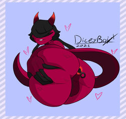 anthro anus ass big_ass big_balls black_hair buttplug deedee_(diceyboi) diceyboi dragon furry gay grabbing_from_behind grabbing_own_ass horns male red_skin scalie sex_toy squish tail twintails