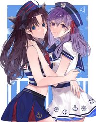 2girls :] :o alternate_costume bangs bare_arms bare_shoulders black_bow black_hair blue_background blue_eyes blue_headwear blue_shirt blue_skirt bow brown_hair cowboy_shot dress eyebrows_visible_through_hair fate/stay_night fate_(series) female female_only from_side hair_between_eyes hair_ribbon hairbow hat highres hug human long_hair looking_at_viewer matou_sakura multicolored_clothes multicolored_skirt multiple_girls parted_bangs purple_eyes purple_hair red_ribbon red_skirt ribbon sailor_dress shimatori_(sanyyyy) shiny shiny_hair shirt sisters skirt sleeveless sleeveless_shirt smile striped tohsaka_rin two_side_up two_tone_shirt white_background white_shirt