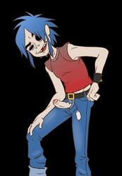 1boy 2d_(gorillaz) belt black_background black_eyes blue_hair clothed gorillaz human jeans ladysomnambule male male_only musician no_underwear open_mouth penis penis_out pubic_hair short_hair solo stubble