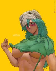 1girls artist_name big_breasts bleach breasts clothed_female clothing clothing_lift crop_top erect_nipples erect_nipples_under_clothes facepaint female female_only green_hair hazel_eyes hell904 helmet logo makeup midriff mostly_nude nelliel_tu_odelschwanck nipple_slip nipples no_bra patreon_username pinup plain_background red_markings ripped_clothing ripped_shirt shirt shirt_lift simple_background skeleton skull skull_hair_ornament solo solo_focus stomach underboob upper_body watermark web_address yellow_background