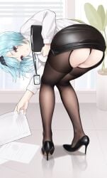 ass bent_over big_ass black_legwear blue_hair dat_ass eula_(genshin_impact) female genshin_impact hi_res high_heels highres hyouuma id_card looking_at_viewer office office_lady pantyhose skirt thong upskirt