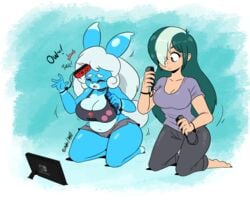 bbw belly_button big_belly big_breasts blue_body blue_hair blush bra buckteeth bunny closed_eyes cute digital_media_(artwork) dress duo exposed_belly exposed_stomach frowning gamer_girl gaming human humor injury joaoppereiraus joycon_controller kneeling navel nintendo nintendo_switch pants pixels_bunni playing rabbit sitting stomach tears white_hair