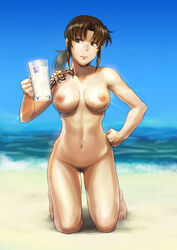 1girls azasuke beach black_lagoon breasts brown_hair cum cum_in_container cum_in_glass female female_focus female_only gokkun large_breasts nude nude_female nudity pubic_hair pussy revy solo tattoo vagina wide_hips