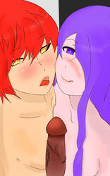 2girls :p blush breasts camilla_(fire_emblem) completely_nude dark-skinned_male female female_focus fire_emblem fire_emblem_fates hair_over_one_eye hakoxeees hinoka_(fire_emblem) interracial licking_lips long_hair looking_at_viewer male medium_breasts multiple_girls nintendo nipples nude nude_female open_mouth penis purple_eyes purple_hair red_eyes small_breasts symmetrical_docking tongue tongue_out yellow_eyes