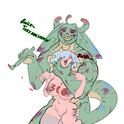 2021 animal_humanoid anthro big_breasts blush breasts clothing comic curvy_figure demon dialogue digital_drawing_(artwork) digital_media_(artwork) dominant dominant_male duo duo_focus english_text ennmedoo female genitals group hair hi_res horn horned_humanoid humanoid legwear lips lipstick looking_at_viewer makeup male male/female mammal monster multicolored_body navel nipples not_furry nude open_mouth reptile reptile_humanoid scalie scalie_humanoid simple_background size_difference slap snake snake_humanoid speech_bubble stockings submissive submissive_female teeth text tongue voluptuous wide_hips