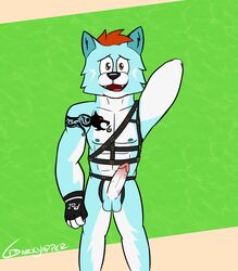 anthro arnes balls barazoku blue_body canid canine canis clothing darkyapper erection fingerless fingerless_gloves genitals gloves handwear hi_res looking_at_viewer male male/male mammal muscular nude open_mouth pecs penis pose solo tattoo testicles uncensored wolf