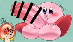 2boys adorable balls big_balls big_penis big_testicles blue_eyes censored cute cute_face huge_cock kirby kirby_(series) male male_only males_only nintendo penis pink_body pink_skin pixiv red_feet silicon_chub testicles text waddle_dee