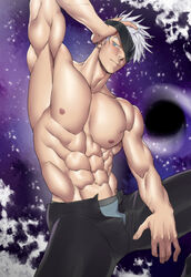 1boy abs blindfold blindfold_lift jujutsu_kaisen male male_focus male_only muscular muscular_male one_arm_up pecs satoru_gojo shirtless solo solo_focus suyohara white_hair