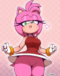 amy_rose bottomless bottomless_female bottomless_skirt bracelet breasts clothed clothing female female_only fur furry furry_only green_eyes hedgehog looking_at_viewer low-angle_view pink_fur pussy sega short_hair simmsy solo sonic_(series) thick_thighs topwear upskirt wide_hips