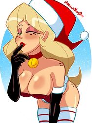 1girls artist_name atomickingboo background big_breasts breasts busty christmas cleavage clothing eyelashes female freckles hips hourglass_figure large_breasts legs lips long_hair original original_character sarah_mcneil thick_thighs thighs voluptuous watermark wide_hips