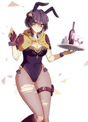 1girls absurdres adapted_costume alcohol alternate_costume animal_ears bernadetta_von_varley bottle bow breasts bunny_ears bunny_girl bunnysuit cleavage cup detached_hood drinking_glass eine_(eine_dx) fake_animal_ears fire_emblem fire_emblem:_three_houses gloves highres holding holding_tray leotard medium_breasts nintendo pantyhose playboy_bunny post-timeskip purple_eyes purple_hair purple_leotard rabbit_ears ripped_pantyhose short_hair solo source_larger strapless strapless_leotard torn_clothes torn_legwear tray white_background wine wine_bottle wine_glass wrist_cuffs yellow_gloves