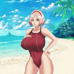 1girls alternate_breast_size bare_legs bare_shoulders beach big_breasts bob_cut boruto:_naruto_next_generations breasts busty erect_nipples erect_nipples_under_swimsuit facial_mark female female_only forehead_jewel forehead_mark hairband hand_on_chest hand_on_hip hourglass_figure huge_breasts light-skinned_female light_skin long_hair mature mature_female milf naruto naruto_(series) ocean one-piece_swimsuit outdoors parted_bangs pinup red_swimsuit sakura_haruno sand shore solo sutokatsu swimsuit voluptuous water wide_hips