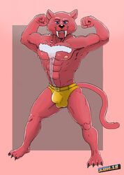 2018 4_toes 5_toes abs anthro belt biceps black_nose blue_eyes booster_(jingle_all_the_way) border brown_background bulge clothing fangs feet felid fist flexing fur grin hi_res jingle_all_the_way leg_muscles looking_at_viewer machairodontine male male_only mammal muscular muscular_anthro muscular_male pecs pink_body pink_border pink_fur s-o-husky sabertooth_(anatomy) sabertoothed_cat signature simple_background smile solo speedo speedo_only standing swimwear thong thong_only toes two_tone_fur underwear v-cut white_body white_fur yellow_belt yellow_clothing yellow_thong yellow_underwear