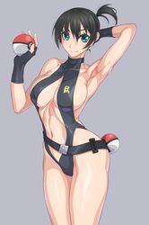 abs alternate_breast_size alternate_hair_color alternative_bust_size alternative_costume aqua_eyes armpits asymmetrical_hair bikini black_hair black_swimsuit breasts center_opening clothes clothing creatures_inc. eye_contact female game_freak green_eyes half-closed_eyes high_resolution human_only kasumi_(pokemon) large_breasts looking_at_viewer misty_(pokemon) muscle nintendo one-piece_swimsuit ozucat poke_ball pokemon pokemon_(game) pokemon_character pokemon_rgby ponytail side_ponytail smile solo standing swimsuit the_electric_tale_of_pikachu thick_thighs thighs tied_hair wide_hips