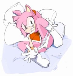 amy_rose bed bow_panties gloves panties panties_around_leg panty_pull pink_fur pink_hair pussy_peek smile socks solo sonic_(series) sooperman white_panties